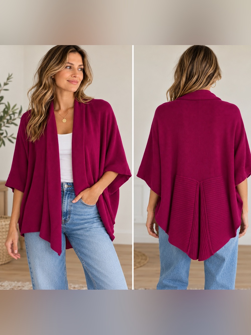 Chico's open-front cardigan with a draped shawl collar and ribbed center panel S
